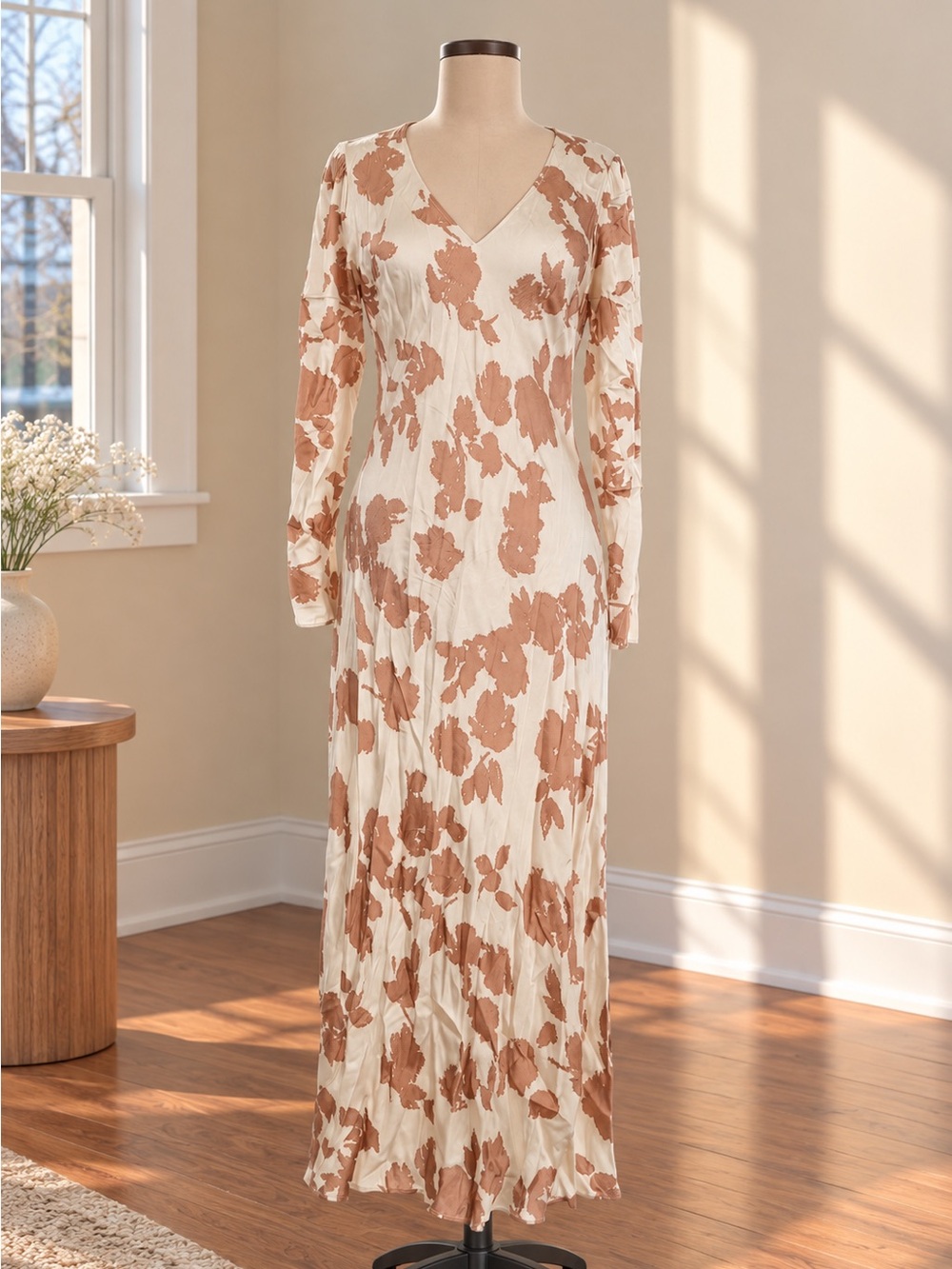 LOFT Floral Maxi Dress Size 8 Cream Brown Long Sleeve V Neck